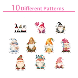 Detail showing 10 different cute cartoon gnome stickers with various seasonal holiday themes