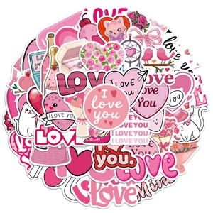 Pink Valentines Day cartoon stickers set for laptop and phone decoration with love themes