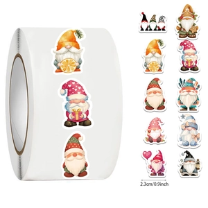 Detailed view of 0.9-inch cartoon gnome stickers roll with colorful Nordic designs