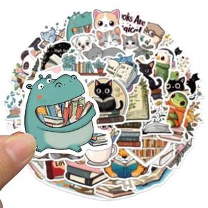 50pcs waterproof cartoon animal reading stickers for laptop and journal decoration