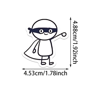 Detail showing dimensions of a 4.88cm cartoon hero sticker with matte black and white design