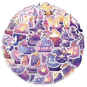 Detail showing various magic wizard potion stickers with vibrant purple and pink themes