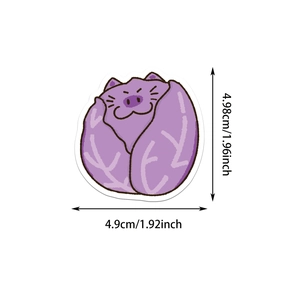 Detail view of purple cartoon cat cabbage sticker with dimension measurements