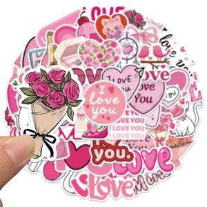 Pink Valentines Day stickers set featuring hearts and roses for laptops and fridges