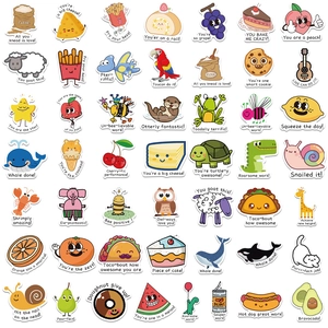 Set of 49 colorful animal and food pun stickers with cute cartoon designs and funny slogans