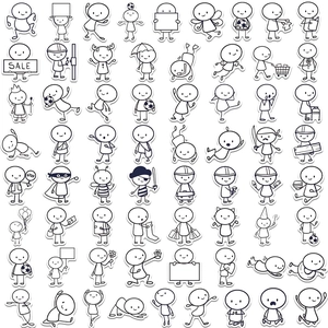 66-piece set of cartoon stick figure stickers with black and white minimalist line art