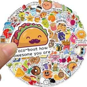 Close-up of funny animal pun stickers showing taco and food shapes for children