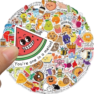 Close-up of funny animal pun stickers featuring vibrant watermelon and donut designs
