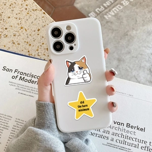 Detail of white matte phone case with cartoon cat and did the bare minimum star illustration