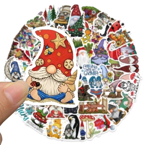 Close-up of waterproof PVC gnome stickers featuring colorful cartoon designs and illustrations
