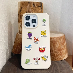Detail of 9 punny animal stickers on a white phone case with motivational slogans