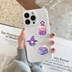 White silicone phone case for iPhone featuring cute magic potion cartoon stickers decoration