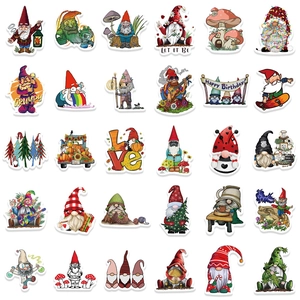 Close-up of thirty unique waterproof cartoon gnome stickers with various themes and colors