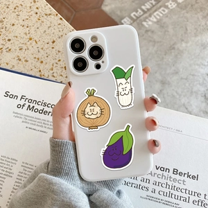 White smartphone case featuring artistic abstract vegetable cat illustrations on the back