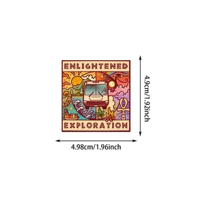 Detail of square camping sticker with retro van and 4.9cm x 4.98cm size specs