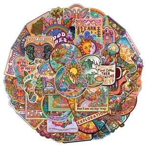 Detailed view of hand-drawn waterproof vinyl outdoor camping stickers with vibrant colors