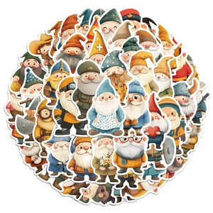 Detailed view of colorful cartoon gnome stickers in various professions and poses