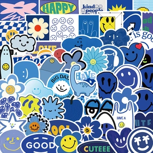 Waterproof Blue Smiley Face Graffiti Stickers For Laptop Skateboard Luggage Decoration Cartoon Trendy Artistic PVC Decals