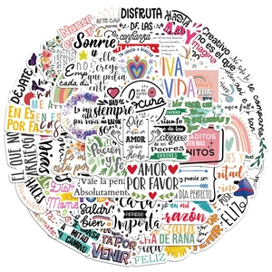 Détails d'autocollants motivants espagnols avec des motifs de fleurs, arc-en-ciel et cœur
