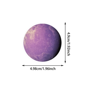 Detail view of a purple moon PET sticker showing craters and dimensions of 4.9cm