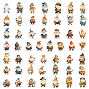 Flat lay of 49 colorful cartoon gnome stickers in various professional outfits for kids