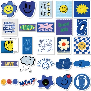 Klein blue and yellow smiley face doodle stickers for laptop and skateboard decoration