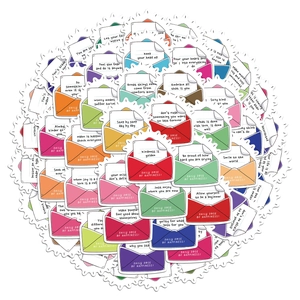 Detail of colorful daily dose of happiness envelope stickers with motivational quotes