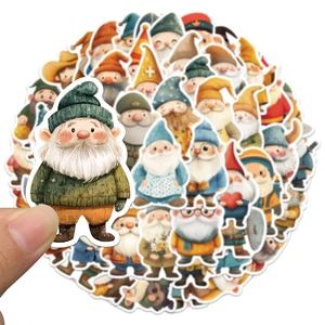 Detailed view of hand-drawn watercolor gnome stickers for DIY stationery crafts