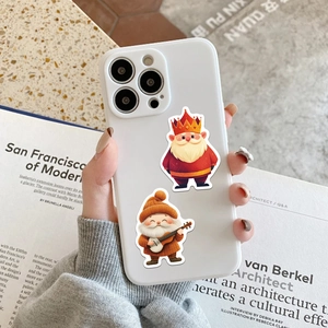 Close-up of cute cartoon dwarf stickers on a white iPhone case held by hand