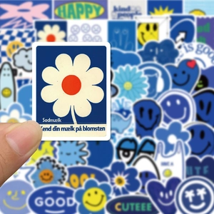 59Pcs retro blue smiley face and floral graffiti stickers for laptop and skateboard