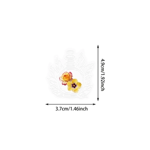 Detailed view of PET dried flower sticker showing bottle shape and dimensions 4.9cm x 3.7cm