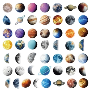 Macro shot of 56 diverse waterproof PET space planet stickers for scrapbooking journals