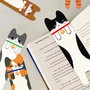 Set of 30 cute cartoon cat bookmarks with creative animal designs on a book page