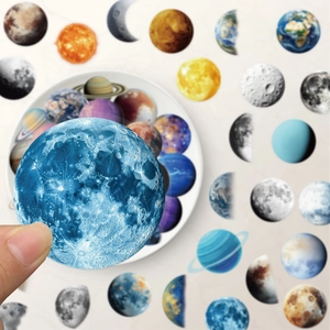 Pack of 50 waterproof planet PET stickers featuring Earth, Moon, and celestial bodies