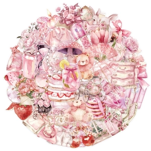 Set of 50 cute pink PET stickers with cartoon animals and floral watercolor designs