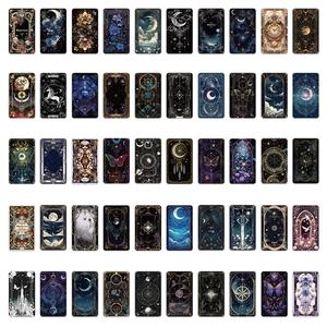 Set of 50 mysterious gothic tarot stickers with dark blue and gold aesthetic designs