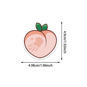 Detail view of a pink peach sticker with handprint design and precise size measurements