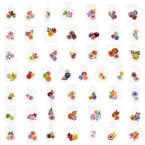 Set of 50 PET transparent stickers featuring realistic dried flowers in glass mason jars