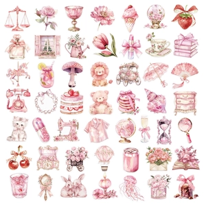 Detailed collection of 50 pink PET stickers featuring watercolor cats and flowers