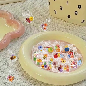 50 pieces PET transparent floral stickers featuring assorted dried flowers in glass jars