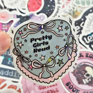 Holographic heart stickers with Pretty Girls Read text for DIY laptops and water bottles