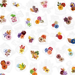 Detailed view of floral PET stickers featuring colorful flowers inside vintage bottle designs