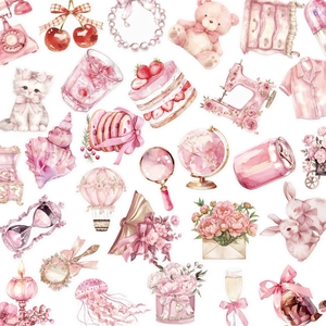 Pink Cute Cartoon PET Stickers Kawaii Floral Cat Cherry Blossom Watercolor Decorative Aesthetic Scrapbooking Journaling Stickers