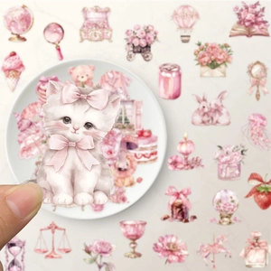 50 pieces cute pink PET cartoon stickers featuring cats flowers and dreamlike patterns