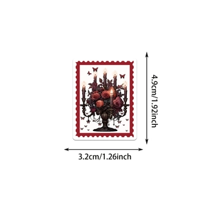 Detail showing Gothic stamp sticker dimensions 4.9cm by 3.2cm with rose and candle design