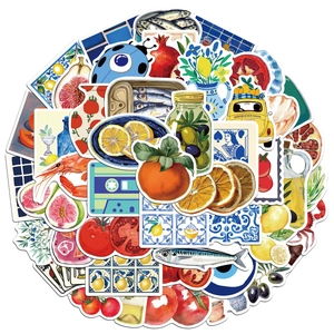 Autocollants méditerranéens avec motifs d'agrumes, de tomates et de fruits de mer