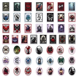 Set of 50 dark gothic style stamp stickers featuring crows skulls and roses for decoration