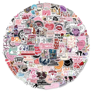 Detailed view of laser romantic book stickers featuring coffee and reading motifs