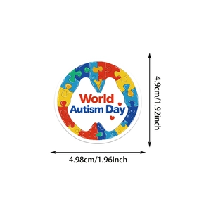 Vista macro de pegatina del Día Mundial del Autismo con diseño de corazón y dimensiones