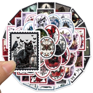 50 Gothic stamp stickers with dark cat and crow designs for laptop and water bottle decor